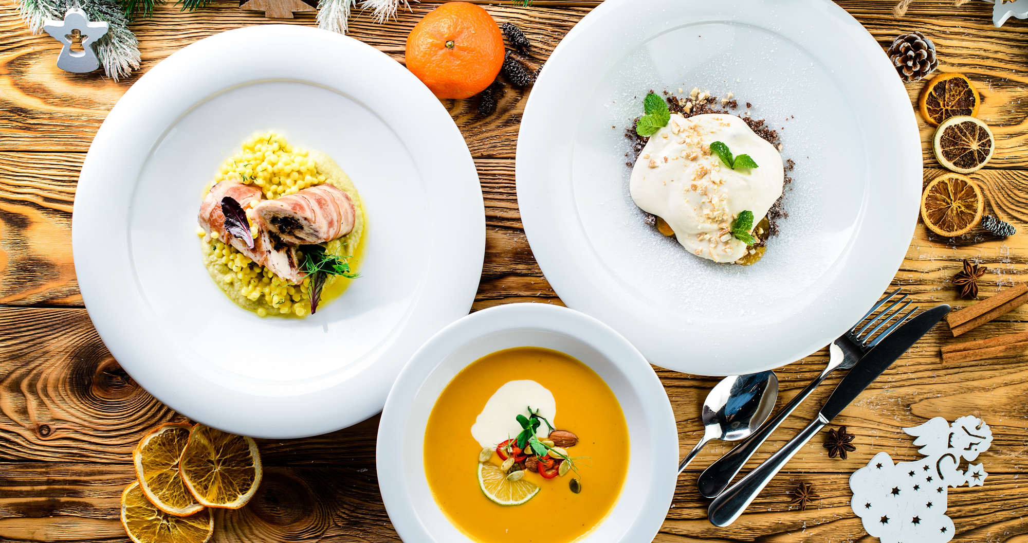 Three-course meal presented on a table